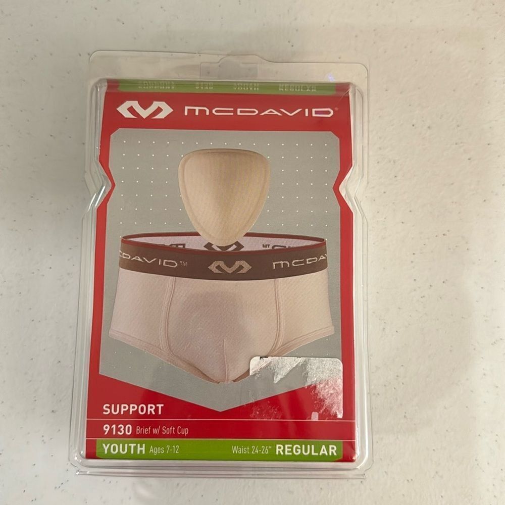 New in box! McDavid brief w/soft cup. Youth 24”-26”. White. Support, 9130